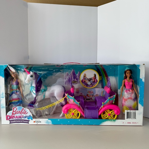 Barbie Dreamtopia Rainbow Unicorn Horse Carriage & 2 Princess Dolls - New - Picture 1 of 8